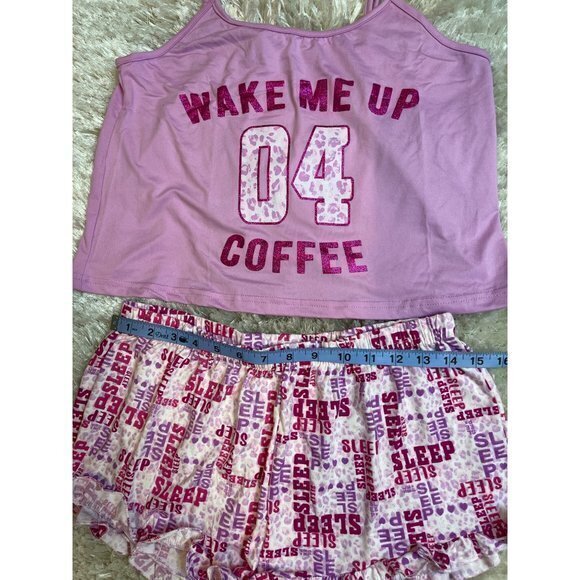 Coffee Wake Me Up PJ Short Set Pink and white Cropped Tank Size Large RefFNB - Picture 7 of 7